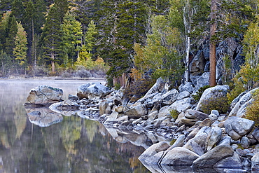 Rock Creek Lake in the fall with fog, Inyo National Forest, California, United States of America, North America