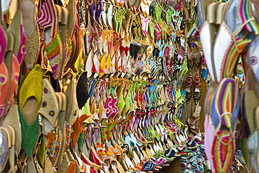 Traditional footware (babouches) for sale in the souk, Medina, Marrakech (Marrakesh), Morocco, North Africa, Africa