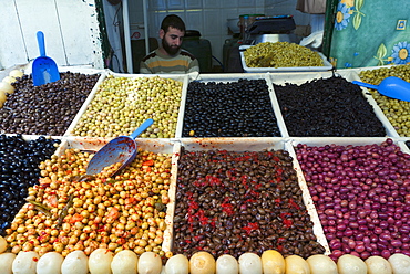 Olive seller, street market, Medina, Tetouan, UNESCO World Heritage Site, Morocco, North Africa, Africa