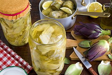 Pickled artichokes in a jar, Italy, Europe