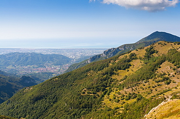 View of Camaiore and Tyrrhenian Sea from Apuan Alps (Alpi Apuane), Lucca Province, Tuscany, Italy, Europe