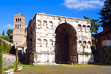 Quadrifrons triumphal arch of Janus, Belltower of San Giorgio in Velabro's church, Rome, UNESCO World Heritage Site, Lazio, Italy, Europe