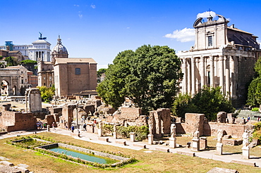 Statues at House of the Vestal Virgins, Temple of Antoninus and Faustina behind, Roman Forum, UNESCO World Heritage Site, Rome, Lazio, Italy, Europe