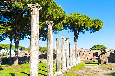 Columns of Theater, Ostia Antica archaeological site, Ostia, Rome province, Latium (Lazio), Italy, Europe