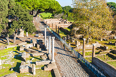 View from above of Decumanus, Ostia Antica archaeological site, Ostia, Rome province, Latium (Lazio), Italy, Europe