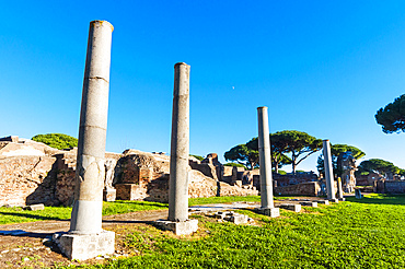 Roman Forum seen from North West, Ostia Antica archaeological site, Ostia, Rome province, Latium (Lazio), Italy, Europe