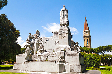 Monument to Francesco Petrarca, Il Prato Park, bell tower of the cathedral, Arezzo, Tuscany, Italy