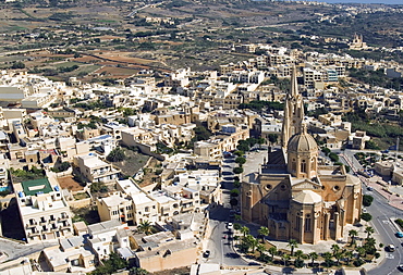 Aerial view of church of Ghajnsielem, Mgarr, Gozo Island, Malta, Europe