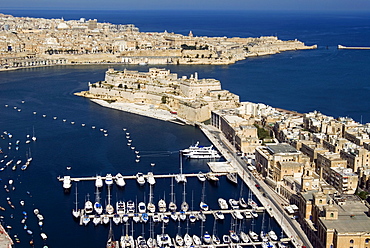 Aerial view of St. Angelo Fort in Vittoriosa (Birgu) in front of Valletta, Malta, Mediterranean, Europe