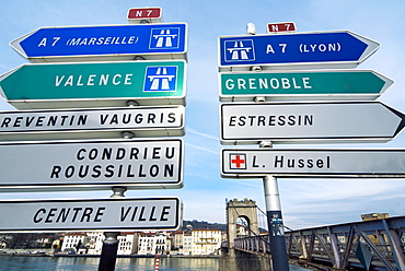 Road sign, Pont de la Passerelle, River Rhone, Vienne, Rhone Valley, France