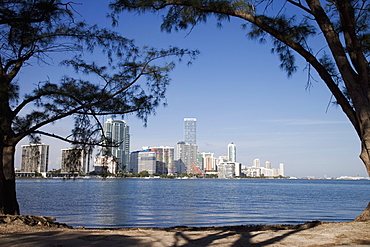 Miami skyline viewed from Rickenbacker causeway, Key Biscayne, Miami, Florida, United States of America, North America