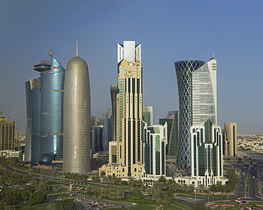 Futuristic skyscrapers downtown in Doha, Qatar, Middle East