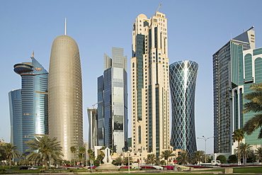 Futuristic skyscrapers downtown in Doha, Qatar, Middle East