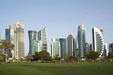 Futuristic skyscrapers downtown in Doha, Qatar, Middle East