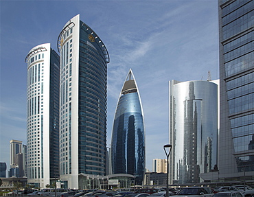 Futuristic skyscrapers downtown in Doha, Qatar, Middle East