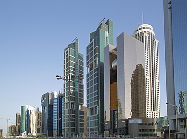 Futuristic skyscrapers downtown in Doha, Qatar, Middle East