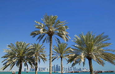 Futuristic skyscrapers on the distant Doha skyline, Qatar, Middle East