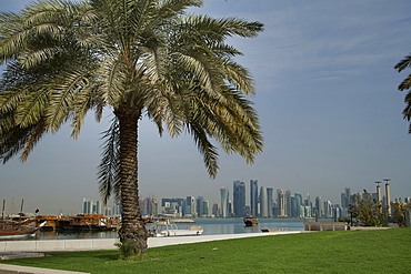 Futuristic skyscrapers on the distant Doha skyline, Qatar, Middle East