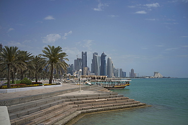 Futuristic skyscrapers on the distant Doha skyline, Qatar, Middle East