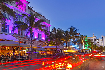 Art Deco District at night, Ocean Drive, South Beach, Miami Beach, Florida, United States of America, North America.