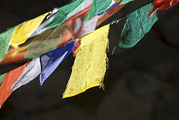 Buddhist prayer flags, Taktshang Goemba Monastery, Paro, Bhutan, Asia