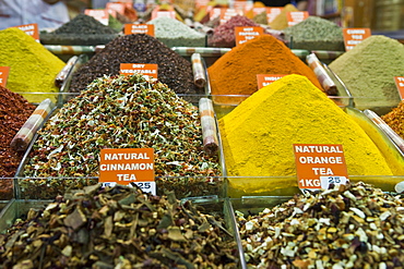 Tea and spices for sale in Spice Bazaar, Istanbul, Turkey, Western Asia