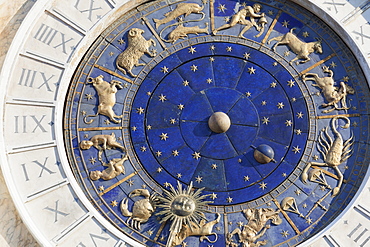 Detail of clock on the Torre dell' Orologio in St. Mark's Square, Venice, UNESCO World Heritage Site, Veneto, Italy, Europe