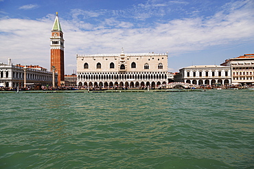 The Campanile and Palazzo Ducale (Doges Palace) in St Mark's Square, seen from St. Mark's Basin, Venice, UNESCO World Heritage Site, Veneto, Italy, Europe