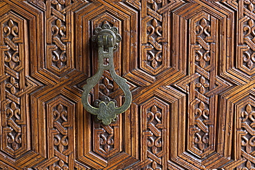 Detail of a carved wooden door in the Musee de Marrakech, Marrakech, Morocco, North Africa, Africa 