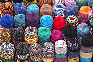 Traditional colourful woollen hats for sale in Rahba Kedima (Old Square), Marrakech, Morocco, North Africa, Africa 