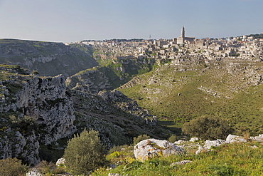 View of the ravine and the Sassi area of Matera with Matera Cathedral, Basilicata, Italy, Europe