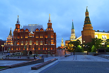 The Historical Museum on Red Square and the Kremlin at night, UNESCO World Heritage Site, Moscow, Russia, Europe