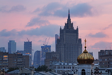 Moscow skyline at dusk with Stalanist-Gothic skyscraper, Moscow, Russia, Europe