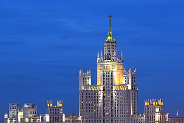 Moscow skyline at night with Stalanist-Gothic skyscraper, Moscow, Russia, Europe