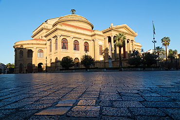 Morning light on Teatro Massimo, one of the largest opera houses in Europe, Palermo, Sicily, Italy, Europe