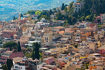 View of the hill town of Taormina, Sicily, Italy, Mediterranean, Europe