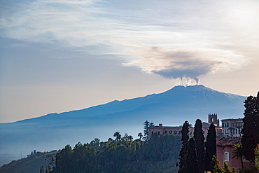 The awe inspiring Mount Etna, UNESCO World Heritage Site and Europe's tallest active volcano, seen from Taormina, Sicily, Italy, Mediterranean, Europe