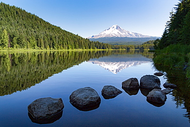 Mount Hood, part of the Cascade Range, perfectly reflected in the still waters of Trillium Lake, Oregon, United States of America, North America