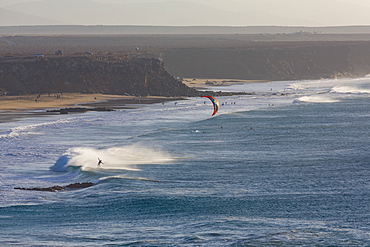 Windsurfer off El Cotillo beach on the volcanic island of Fuerteventura, Canary Islands, Spain, Atlantic, Europe