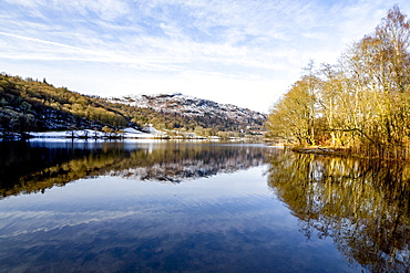 A perfect reflection of snow covered mountains and sky in the still waters of Grasmere, Lake District National Park, UNESCO World Heritage Site, Cumbria, England, United Kingdom, Europe