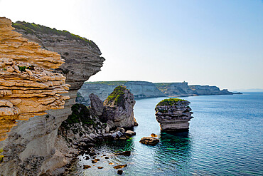 Cliffs on the rugged coastline near the town of Bonifacio on the Mediterranean island of Corsica, Bonifacio, Corsica, France, Mediterranean, Europe