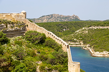 A section of the wall of the Citadel of Bonifacio perched on rugged cliffs, Bonifacio, Corsica, France, Mediterranean, Europe