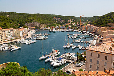 Boats moored in the marina in the southern Corsica town of Bonifacio, Corsica, France, Mediterranean, Europe