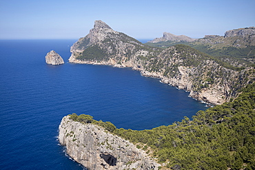 Rugged headland at Cap de Formentor seen from Mirador es Colomer on the northern coast of the Mediterranean island of Mallorca, Balearic Islands, Spain, Europe