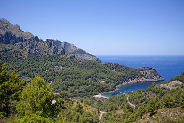 The secluded bay of Cala Tuent on the rugged north west coast of the Mediterranean island of Mallorca, Balearic Islands, Spain, Europe