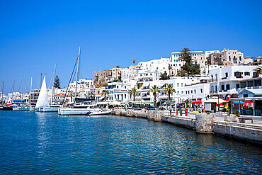 Boats moored in the harbour in Naxos Town, Naxos, the Cyclades, Aegean Sea, Greek Islands, Greece, Europe