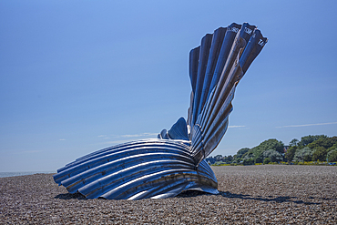 Giant scallop shell sculpture on the shingle beach at Aldeburgh. It is a tribute to Benjamin Britten and was created by the artist Maggie Hambling in 2003.