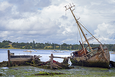 Wrecked boats by the waters edge at Pin Mill, near Ipswitch in the county of Suffolk, East Anglia.