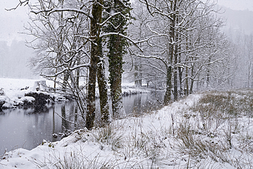 The River Rothay in winter snow near Rydal Water in the Lake District National Park.