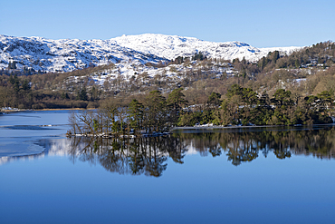 Winter snow at Rydal Water in the Lake District National Park.